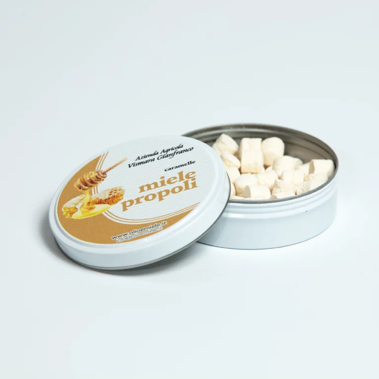caramelle al miele e propoli metal box aperta